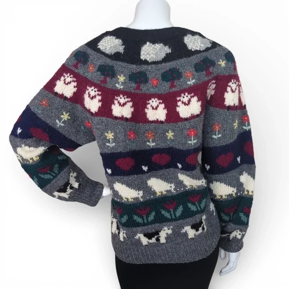 Vintage Deans of Scotland Shetland Wool Sweater Farm Animals Sheep Cows Hearts - Picture 6 of 9